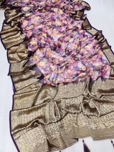 Sari traditionnel en tissu doux et lisse à motif floral, longueur 5,5 mètres, avec pièce de blouse non cousue, au prix de gros - Product Image 4