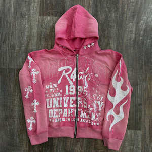 Factory OEM Acid Washed Heavyweight Cotton <b>Hoodie</b> <b>Mens</b> Vintage Boxy Fit Zip-Up Sunfaded Rhinestone <b>Hoodie</b> - Product Image 5