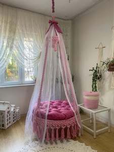 Pink Cotton Rope Luxurious Macramé <b>Swing</b> Bed Cushioned <b>Hammock</b> Seat Round Hanging Chair with Netting for Indoor Relaxation 72" - Product Image 6