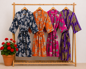Kimono de Lujo Personalizado 100% Algodón para Mujer, Estampado Floral, Cuello en V, Cierre con Cordón, Largo hasta el Tobillo, Mangas 3/4, Listo para el Verano - Product Image 1