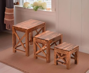 Solid Wood Nesting <b>Table</b> <b>Set</b> of 3 | Space Saving Nested <b>Stools</b> with X-Frame | Wholesale Living Room Furniture - Product Image 1