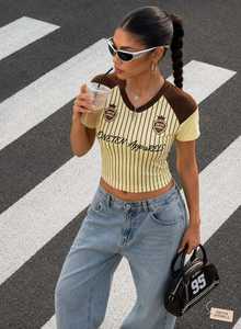 ONETEN APPARELS <b>Women</b> Y2K Ribbing Eco-friendly 100% Cotton <b>Tank</b> <b>Tops</b> V Neck Spaghetti Straps Logo Front Tee Brown Shoulder - Product Image 5
