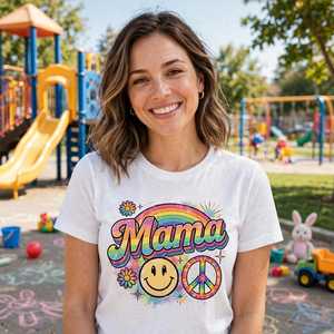 <b>Women's</b> <b>White</b> Jersey Short Sleeve Crew Neck <b>T</b>-<b>Shirt</b> Retro Rainbow Mama Graphic with <b>for</b> Face and Peace Sign - Product Image 1