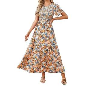 Vestido largo maxi con estampado floral azul, de manga corta, estilo bohemio, para verano, con estampado de florecitas, ropa de mujer, proveedor mayorista - Product Image 5