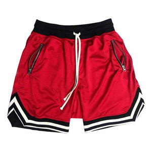 Shorts de sport pour homme rouges avec poches zippées, taille à cordon de serrage, en polyester respirant, taille mi-haute, longueur courte - Product Image 1