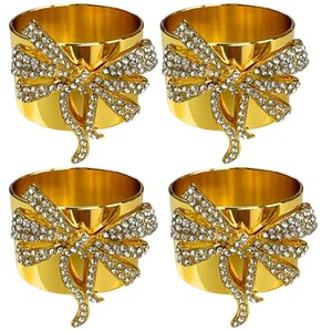 Anneaux de serviette luxueux plaqués or, ornés d'un magnifique nœud en strass surdimensionné. Disponible aux prix de gros. - Product Image 1