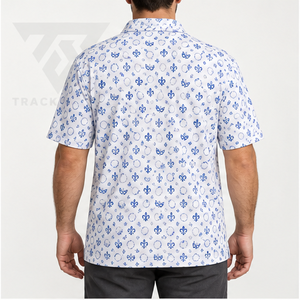 Camisa Polo Trackstar para Hombre, Blanca y Azul con Estampado de Flor de Lis, Manga Corta, Cuello con Botones, Camisa de Golf con Logotipo Personalizado - Product Image 2