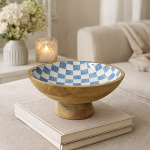 Tazón de pedestal esmaltado de madera de mango con estampado personalizado azul y blanco, juegos de vajilla ecológicos para el hogar y la cocina. - Product Image 5