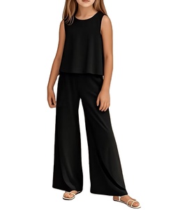 Ensemble 2 pièces d'été pour filles : débardeur en maille polyester-coton et pantalon large, couleur unie, respirant et frais - Product Image 1