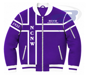 Chaqueta Universitaria para Mujer NCNW Sorority, Blanca, con Letras Griegas Bordadas, Cierre Frontal, Estilo Preppy, Cuello y Puños con Letras - Product Image 1