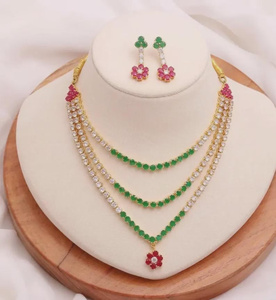 RAY FINE ORNATES Three Layer <b>Ruby</b> Emerald CZ IGI Certified Vintage <b>Necklace</b> Set 22K Gold Plated Floral Bridal Indian Wedding - Product Image 1