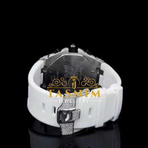 Montre Homme 45mm Entièrement Sertie de Diamants VVS, Bracelet Blanc en Acier Inoxydable, Mouvement Quartz, Cadran en Verre, Chronographe Sportif Simple - Product Image 4