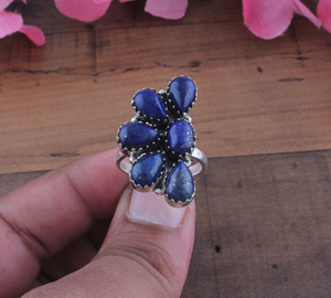 Wholesale Classic <b>Lapis</b> <b>Lazuli</b> Flower Gemstone <b>Ring</b> 925 Sterling Silver Bezel Cluster for Women Wedding Anniversary Party - Product Image 1