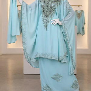 Ensemble Abaya Marocaine Azure Céleste Brodée à la Main, Tunique en Polyester Premium avec Perles de Cristal Raffinées, Manches Longues, Longueur Ras du Sol - Product Image 2