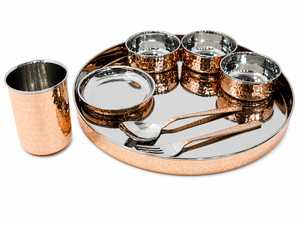 Round Copper <b>Serving</b> Tray With Hammered Metal Cups Bowl Spoon <b>Set</b> Vintage Handmade <b>Dishes</b> & Plates Party Use - Product Image 3