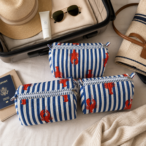Ensemble de 3 trousses de maquillage matelassées en coton à rayures bleues et imprimé homard, sacs cosmétiques pour femmes, organiseur de toilette de voyage, cadeau - Product Image 6