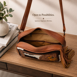 Bolso bandolera de cuero de vaca con flecos, hecho a mano, estilo western, con adornos florales, para mujer, para viajes y uso diario. - Product Image 3