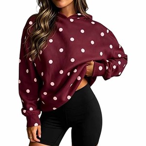 Sweat-shirt à capuche oversize pour femme, imprimé à pois, en coton et bambou tricoté, épaules tombantes, longueur normale, vêtement décontracté d'automne - Product Image 3