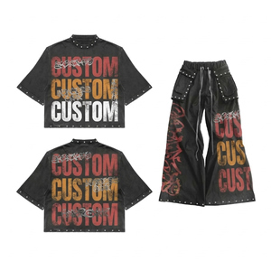 Ensemble T-shirt et pantalon déchiré pour homme, décontracté, avec motif graphique en strass thermocollés, T-shirt à col côtelé délavé à l'acide, Survêtement unisexe pour homme - Product Image 1
