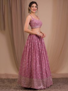 Pink Organza Lehenga Choli Beading <b>Sequins</b> Floral Print Traditional A-Line Floor-Length Bridesmaid Dress Sweetheart Neckline - Product Image 5
