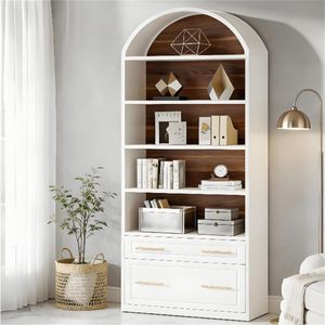 Elegante Estantería con Diseño Arqueado y Vitrina, Amplio Espacio de Almacenamiento con Cajones para Archivos y Estantes de Exhibición - Product Image 1