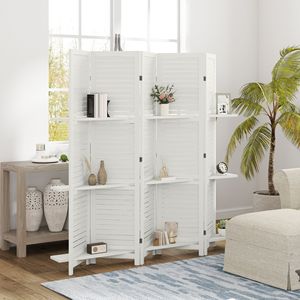 Divisorio per Stanza in Legno Bianco a 5 Pannelli, Alto 170 cm, con 3 Ripiani e Contenitore Pieghevole per Camera da Letto - Product Image 2