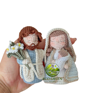Muñeca de Ganchillo Virgen María Hecha a Mano, ECO GREEN, con Velo Azul y Corona Dorada, Figura Religiosa Católica Cristiana, Decoración Vietnamita - Product Image 5