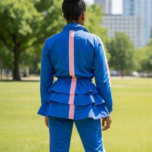 Ensemble de survêtement décontracté deux pièces pour femme avec veste à volants, manches longues et fermeture éclair sur le devant, vêtements de sport, logo personnalisé, vente en gros - Product Image 4