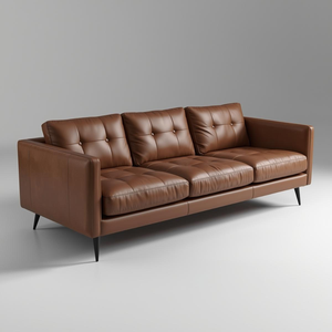 Sofá de Cuero Genuino de Vaca Estilo Moderno de Mediados de Siglo, 3 Plazas, Sofá de Cuero Marrón con Estructura de Madera para Muebles de Sala de Estar - Product Image 1