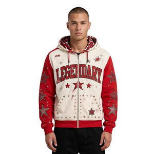 Sweat à capuche décontracté rouge cramoisi et blanc crème en molleton brossé épais, avec manches à motif étoile, fermeture éclair frontale, manches longues et double capuche - Product Image 1