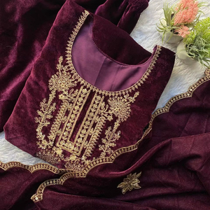 Velvet Sequence Embroidery Front and Back <b>Top</b> with Velvet Plazzo and Organza Lace Dupatta Set Full Stitched Sizes M L XL and XXL - Product Image 1