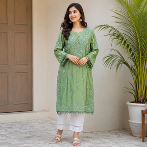 Handmade Olive Green Chanderi Silk Lucknowi Chikankari Straight <b>Kurti</b> - Hand Embroidered Elegant Ethnic Tunic <b>for</b> <b>Women</b> - Product Image 1
