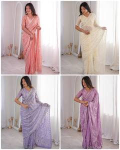 Sari en filet brodé de luxe pour femmes avec travail de sequins, tenue de soirée de créateur, mariage, festif, sari indien traditionnel - Product Image 6