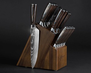 Coffret de couteaux de chef japonais Senken en acier Damas, manche en bois, forgés à la main, 12 pouces, couteau de cuisine droitier avec bloc de rangement - Product Image 1