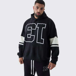 Sudadera de Alta Calidad para Hombre, Personalizada, con Hombros Caídos, Apliques, Parches Bordados, Cierre con Cordón, Transpirable, Invierno, 100% Algodón - Product Image 3