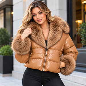 Chaqueta Acolchada Color Camel para Mujer con Cuello y Puños de Piel de Zorro, Abrigo Bomber de Invierno de Lujo, Ropa Exterior de Moda - Product Image 1
