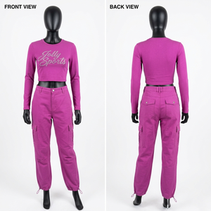 Ensemble jogging cargo à capuche court pour femme, en molleton de coton 320 GSM, violet, avec impression en relief et broderie, logo personnalisé, ensembles pour femme - Product Image 6