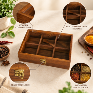 Wooden Masala <b>Box</b> with 6 Compartments & Spoon | <b>Indian</b> <b>Spice</b> Storage <b>Box</b> with Brass Latch for Kitchen <b>Spices</b> and Condiments Home - Product Image 5