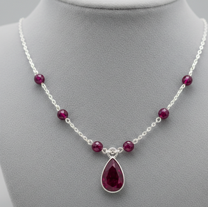 สร้อยคอพลอยโกเมนทำมือ ขนาด 8 มม. รูปทรงกลม ประดับพลอยรูปหยดน้ำ ความยาว 16 นิ้ว ชุบทองบนเงิน  เครื่องประดับสำหรับงานปาร์ตี้ งานแต่งงาน ของขวัญสำหรับเธอ - Product Image 1