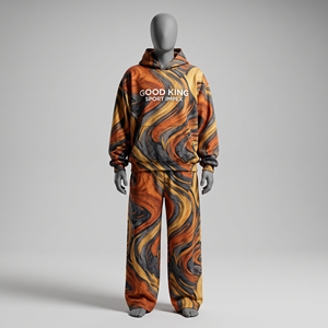 Conjunto Deportivo Sublimado Extra Grande para Hombre, Sudadera con Estampado de Mármol, Pantalones Anchos, Patrones Abstractos, Conjunto con Capucha en Naranja, Dorado y Gris - Product Image 1