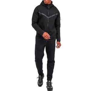 Men's Black Hooded Tracksuit <b>Set</b> Full Sleeve Sweatshirt Pants Solid Color Sporty Autumn Wear Breathable Polyester Material - Product Image 1