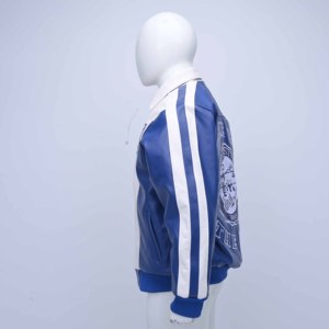 Overtime Hampton Real Leather Winter <b>Jacket</b> <b>Men</b> Blue <b>White</b> Embroidered Letter Logo Zipper Front Turn-down Collar Preppy Style - Product Image 3