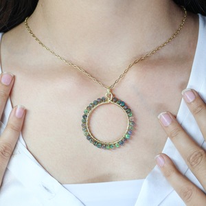 Rajasthan Black <b>Opal</b> Rondelle Charm Pendant <b>Necklace</b> 14K Gold Plated Sterling Silver Victorian Geometric Design for Women - Product Image 2
