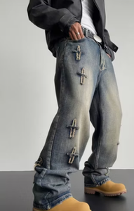 Jean Harem en Denim pour Homme Coupe Ample Taille Mi-Haute Décoration Rivets Coton Tissé Délavé Style Hip Hop Automne - Product Image 3