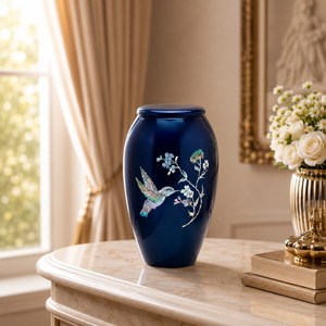 Navy Blue Hummingbird Cremation Urn for Human Ashes | Floral <b>Memorial</b> <b>Keepsake</b> | Adult Funeral Burial Vessel | Elegant - Product Image 3