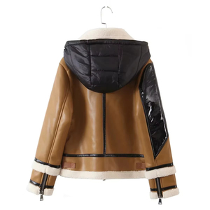 Chaqueta de invierno para mujer, de piel sintética con parches, abrigo cálido con capucha, sudaderas con capucha para mujer - Product Image 2