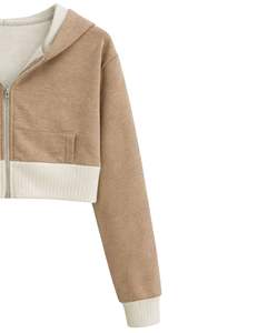 Sudadera con capucha corta para mujer, con cremallera, color marrón canela y bloques de color de felpa de algodón, estilo casual y urbano. - Product Image 3