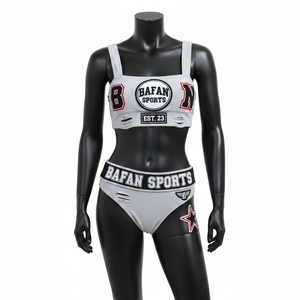 Conjunto de bikini para mujer de nailon y spandex de alta elasticidad, gris, blanco, negro, con paneles en contraste, banda jacquard y logotipo personalizado. - Product Image 6