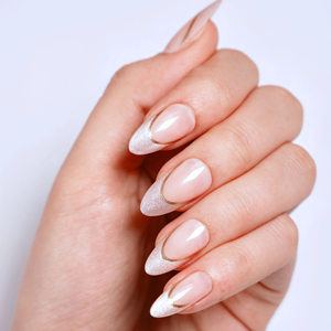 Uñas Postizas Francesas con Brillo Dorado Personalizadas al por Mayor, Uñas Artificiales Color Rosa Nude, Fábrica OEM ODM, Forma Almendrada ABS, Tamaño Mediano - Product Image 1