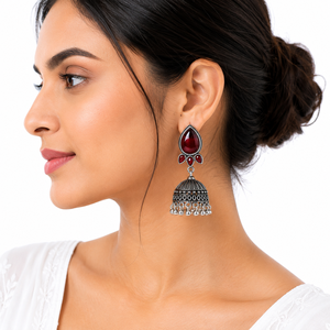 Oxidized <b>Silver</b> Red Stone Bollywood Jhumka <b>Earrings</b> Handmade Teardrop <b>Dangle</b> Ethnic Indian Statement <b>Earrings</b> for Women - Product Image 6